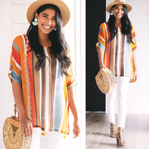 striped tunic top with white jeans and block heels